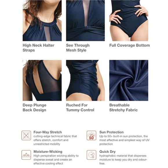 NWT Souqfone Women XL One Piece High Neck Plunge Mesh Ruched Navy Monokini - Picture 4 of 5